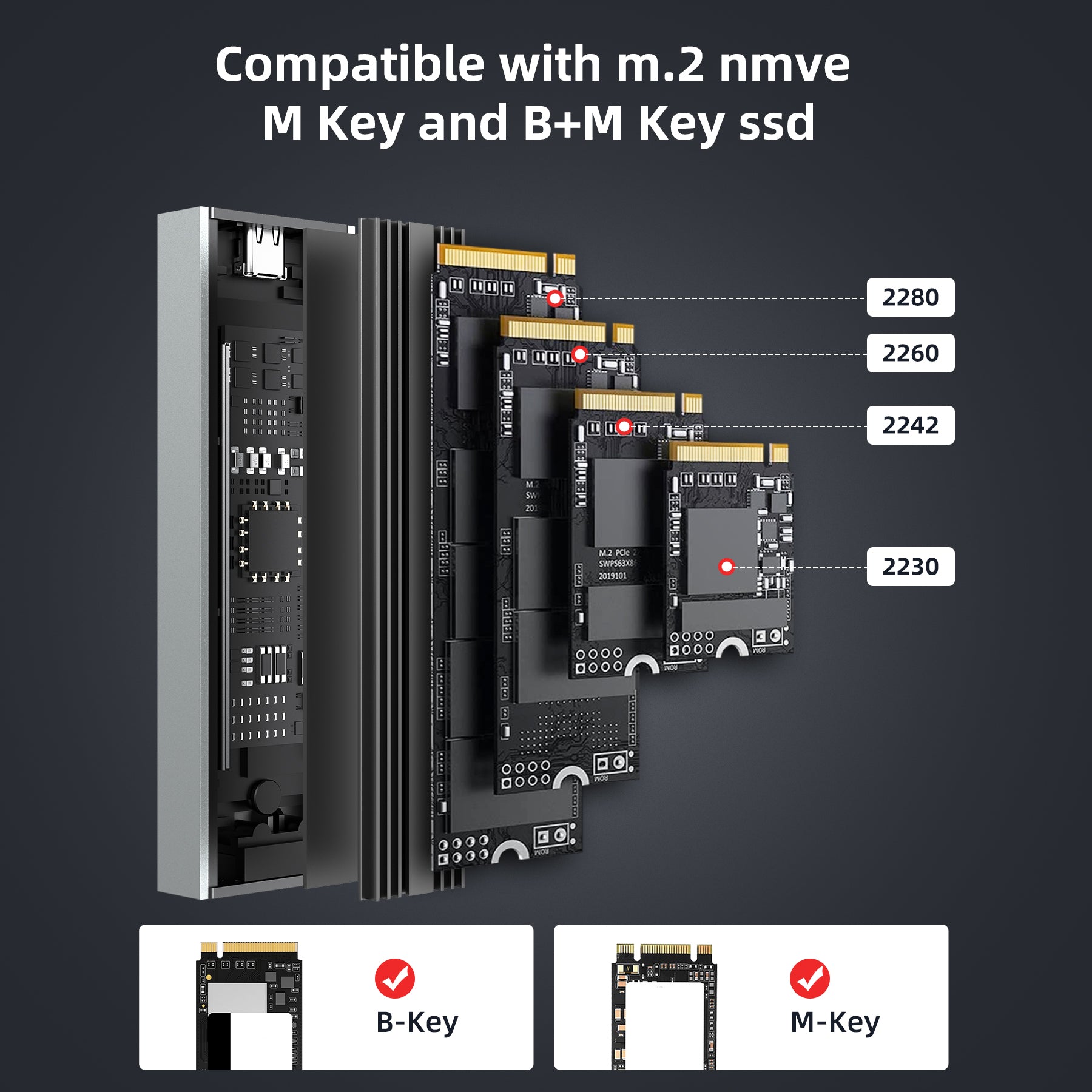 M.2 NVME SSD Enclosure for Gaming, USB 3.1 Gen 2(10 Gbps) Type C to NGFF NVME PCIe M-Key(B&M Key) External Solid State Drive Enclosure, Support UASP Trim for SSDs Size 2280/2260/2242/2230