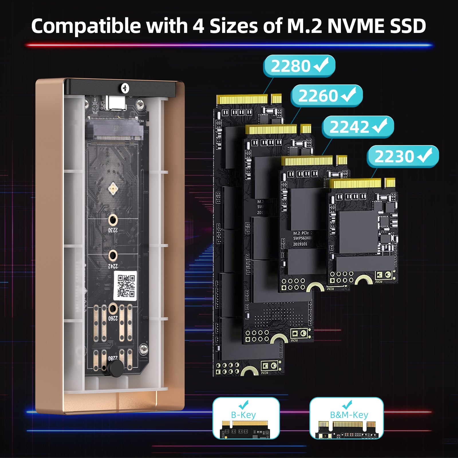 M.2 NVME SSD Enclosure for Gaming, USB 3.1 Gen 2(10 Gbps) Type C to NGFF NVME PCIe M-Key(B&M Key) External Solid State Drive Enclosure, Support UASP Trim for SSDs Size 2280/2260/2242/2230
