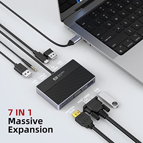 SANZANG MASTER USB C Docking Station Dual Monitor(4K HDMI and VGA), 7 in 1 Type C Hub Multiport Adapter Dongle, USB 3.0 and 2 USB 2.0 Data Port